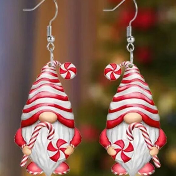 Gnome with Candy Cane Christmas Holiday Earrings - Picture 2 of 2